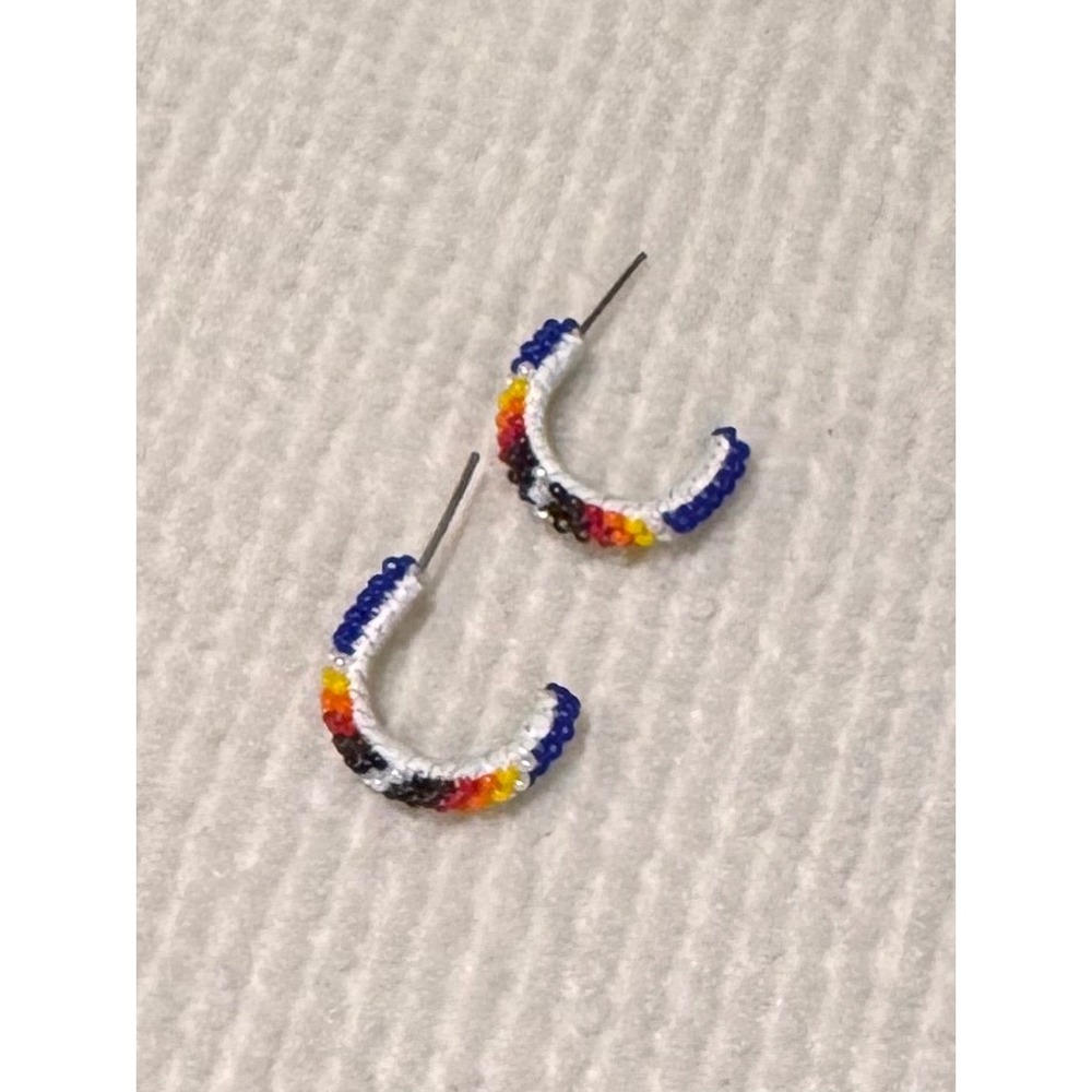 Handmade Beaded Hoop Earrings Southwestern Boho Seed Bead J-Hoops Blue Orange